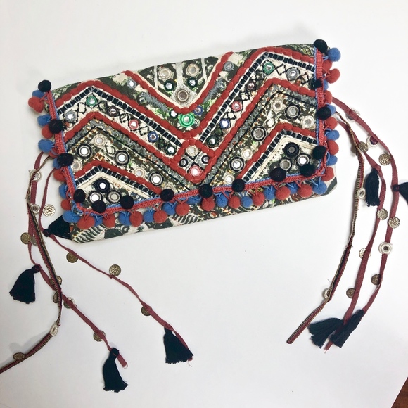 Ecote Handbags - Red Patchwork Pom Pom Boho Tassel Clutch Bag